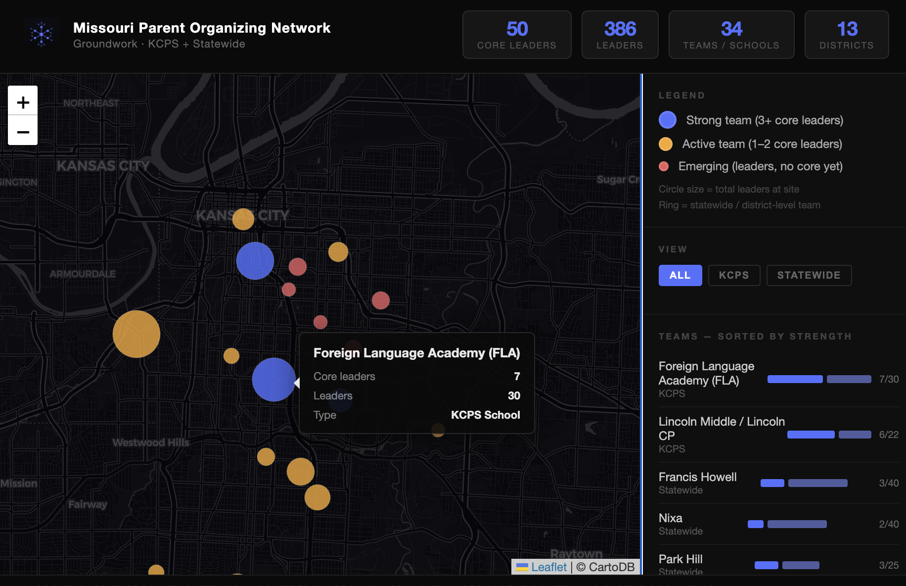 Geospatial map showing Missouri Parent Organizing Network teams across Kansas City and statewide, with team markers sized by leadership density and color-coded by strength